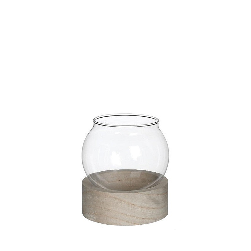 Glaskugelvase mit Holzsockel, Ø 10 cm, H. 11 cm - 1 Stück