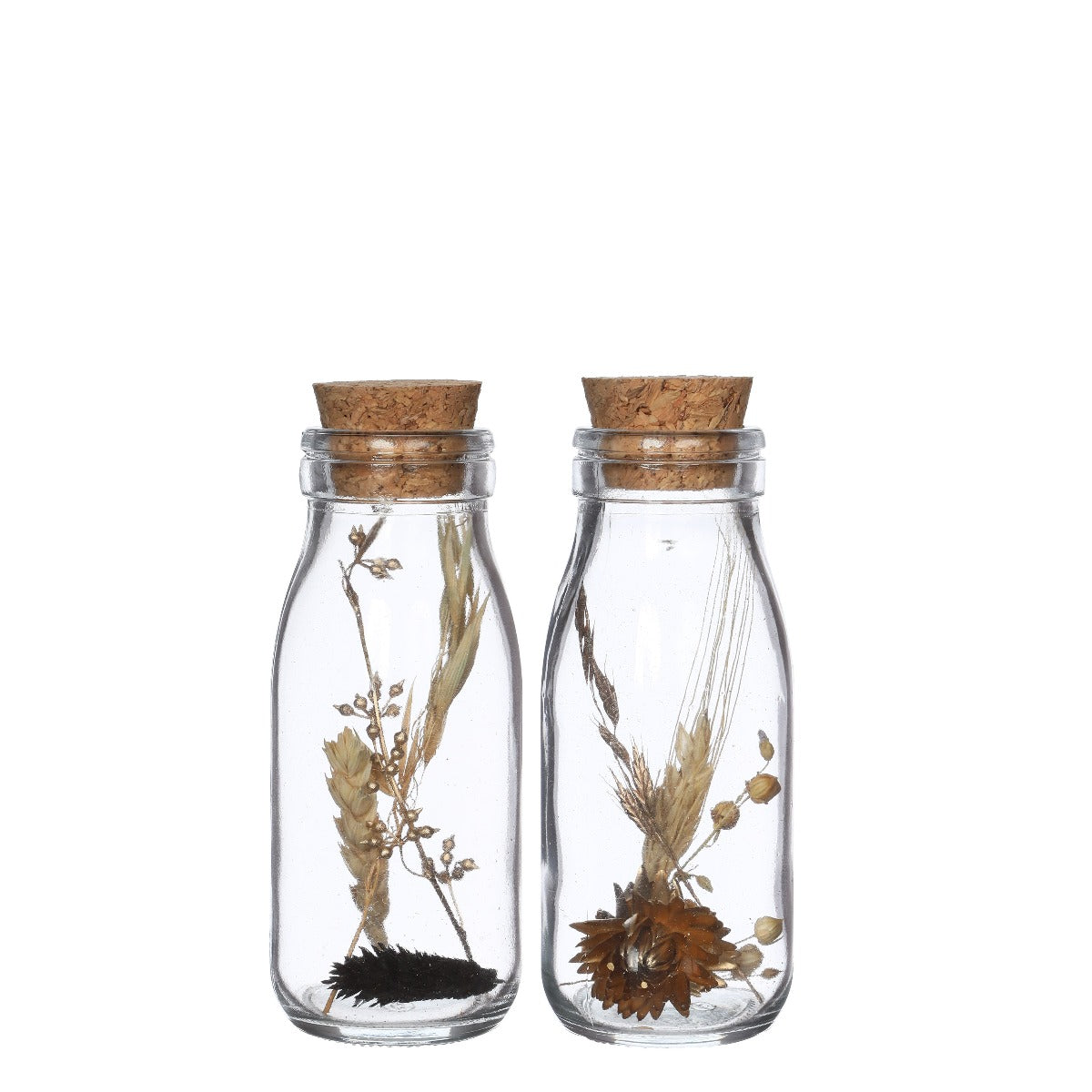 Milk bottle with several dried flowers natural 14cm high