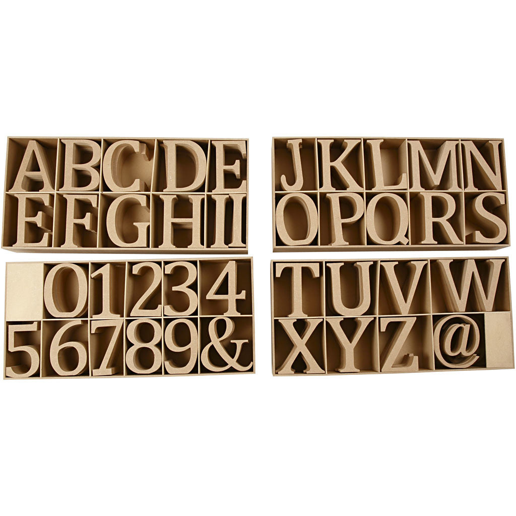 Holzbuchstaben, -zahlen und -symbole, einschließlich kostenloser Holzschaukasten, 130x20mm MDF - 160 Stk
