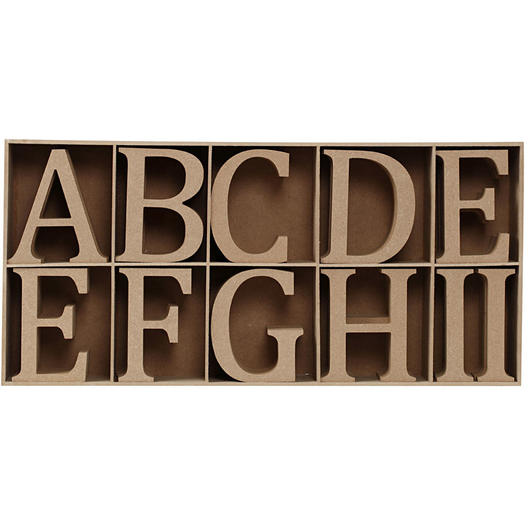 Holzbuchstaben, -zahlen und -symbole, einschließlich kostenloser Holzschaukasten, 130x20mm MDF - 160 Stk