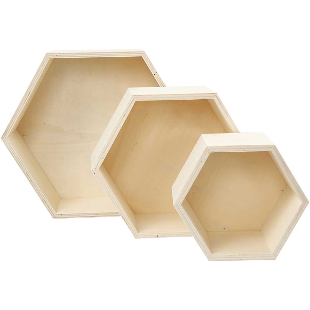 Storage Boxes, hexagonal, H: 14.8+19+24.2 cm, depth 10 cm, plywood