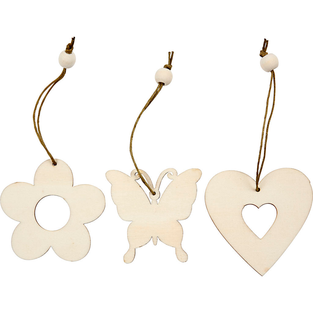 Wooden Ornament, flower, butterfly, heart, size 6 cm, thickness 3 mm, 9pcs