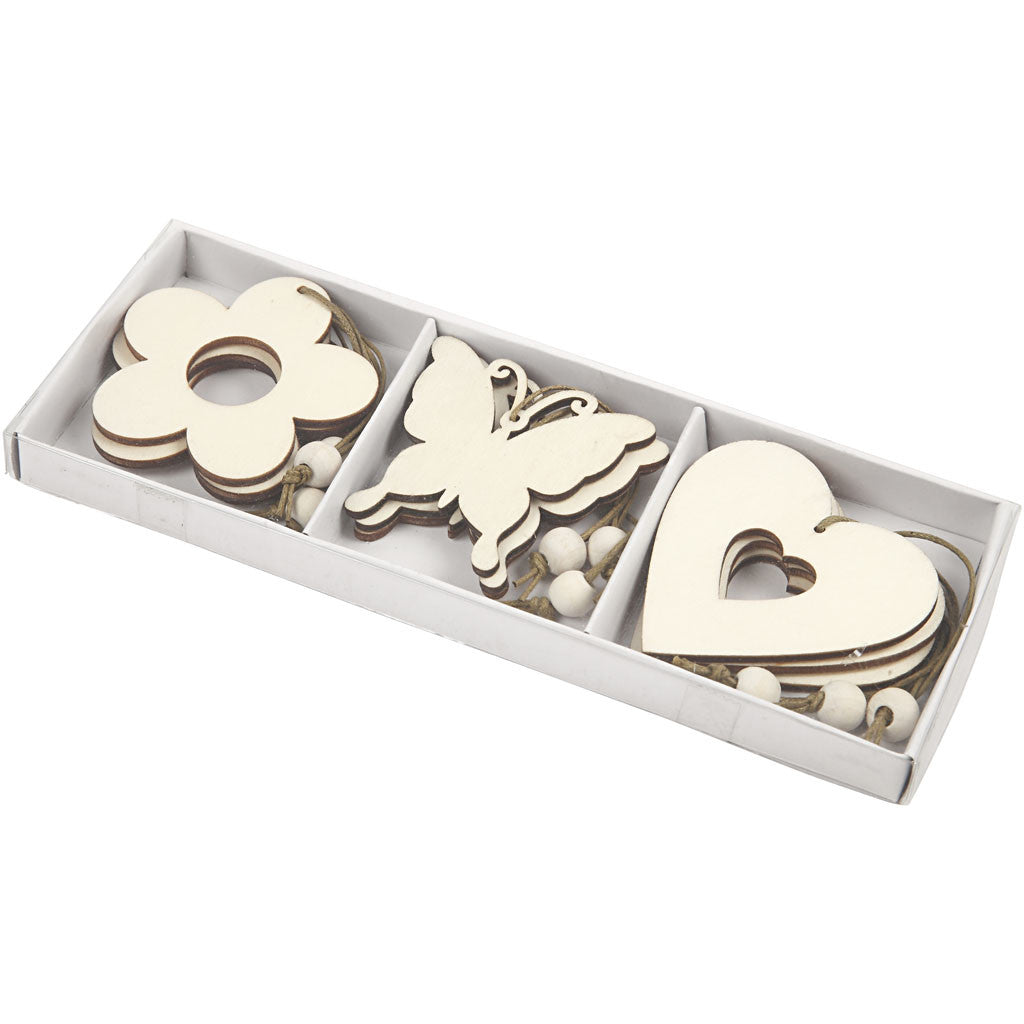 Holz-Ornamente: Blume, Schmetterling & Herz 6x0.3cm - 9 Stk