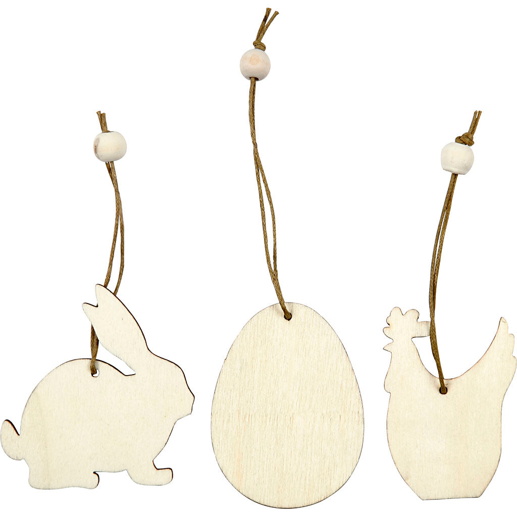 Wooden Ornament, rabbit, egg, hen, size 6 cm, thickness 3 mm, 9pcs