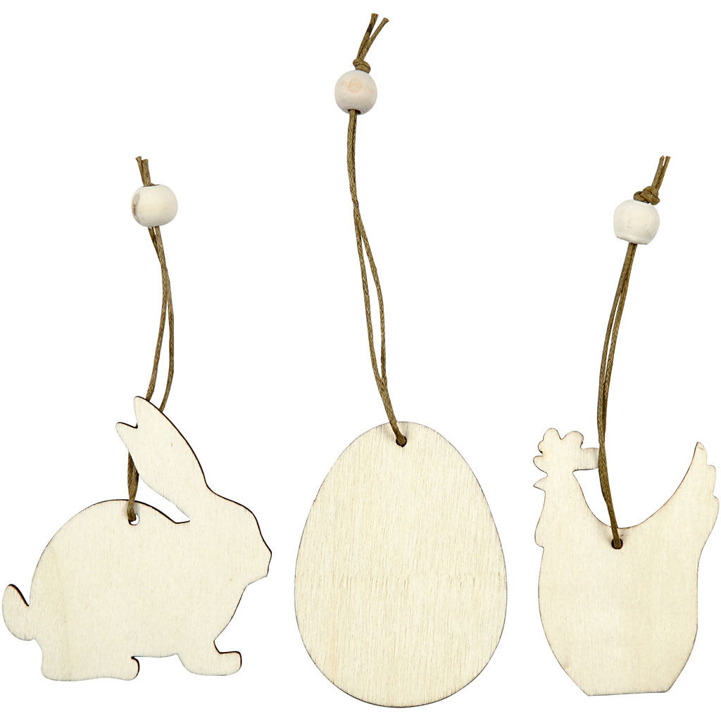 Holz-Ornamente Ostern: Kaninchen, Ei & Huhn 6x0.3cm - 200 Stk