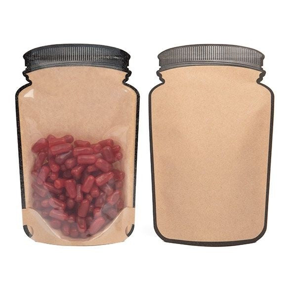 Standbodenbeutel Kraftpapier/Transparent Glasgefäß-Form 130x76x206mm - 100 Stk