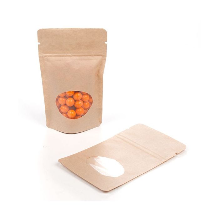 Standbodenbeutel Kraftpapier | 80x50x130mm | 28 Gramm mit rundem Fenster - 100 Stk
