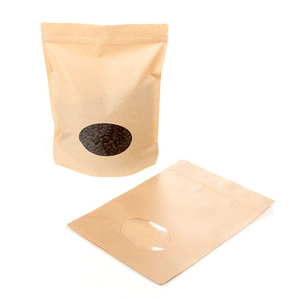 Standbodenbeutel Kraftpapier | 210x90x290mm | 510 Gramm mit rundem Fenster - 100 Stk