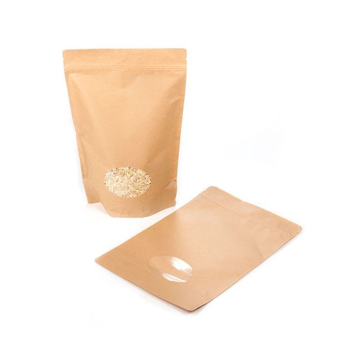Standbodenbeutel Kraftpapier | 230x120x345mm | 900 Gramm mit rundem Fenster - 100 Stk