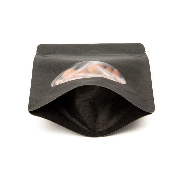 Standbodenbeutel Kraftpapier Schwarz 102x60x152mm | 57 Gramm mit rundem Fenster - 100 Stk