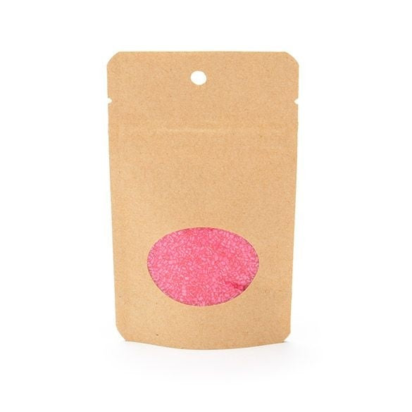 Standbodenbeutel Kraftpapier 80x50x130mm | 28 Gramm mit rundem Fenster & Aufhängeloch - 100 Stk