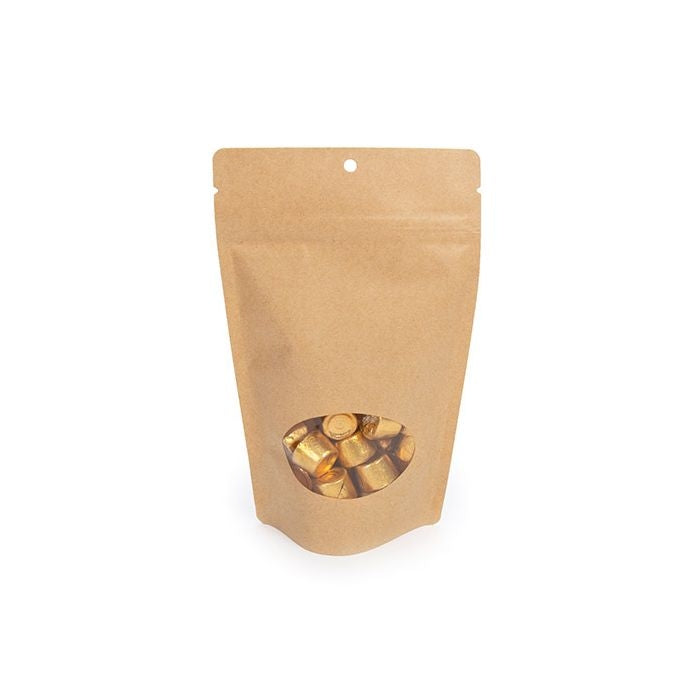 Standbodenbeutel Kraftpapier | 130x80x205mm | 110 Gramm mit rundem Fenster & Aufhängeloch - 100 Stk