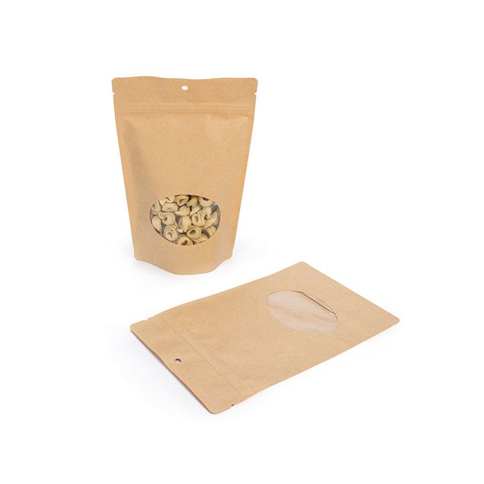 Standbodenbeutel Kraftpapier 150x90x230mm | 310 Gramm mit Fenster - 100 Stk