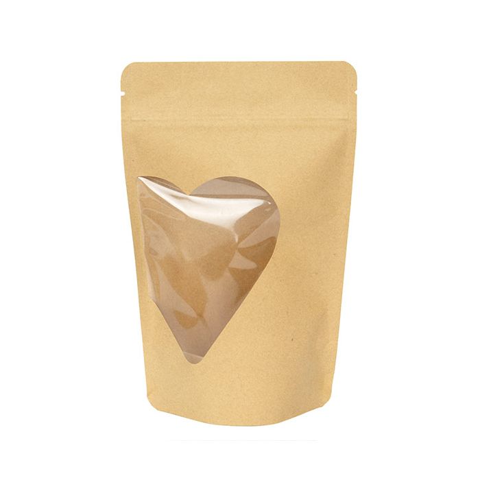 Standbodenbeutel Kraftpapier mit Herz Fenster | 113 Gramm | 13x8x20,6 cm - 25 Stk
