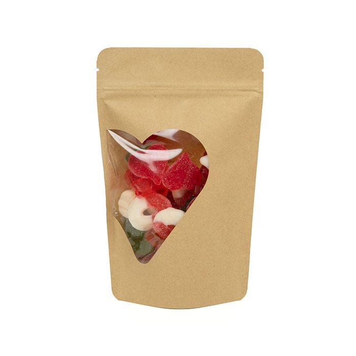 Standbodenbeutel Kraftpapier mit Herz Fenster | 113 Gramm | 13x8x20,6 cm - 25 Stk