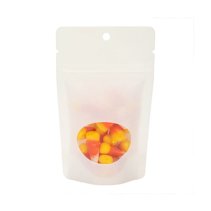 White Kraft Stand Up Zipper Pouch Bag 80x50x13mm with Oval Window + Hang Hole