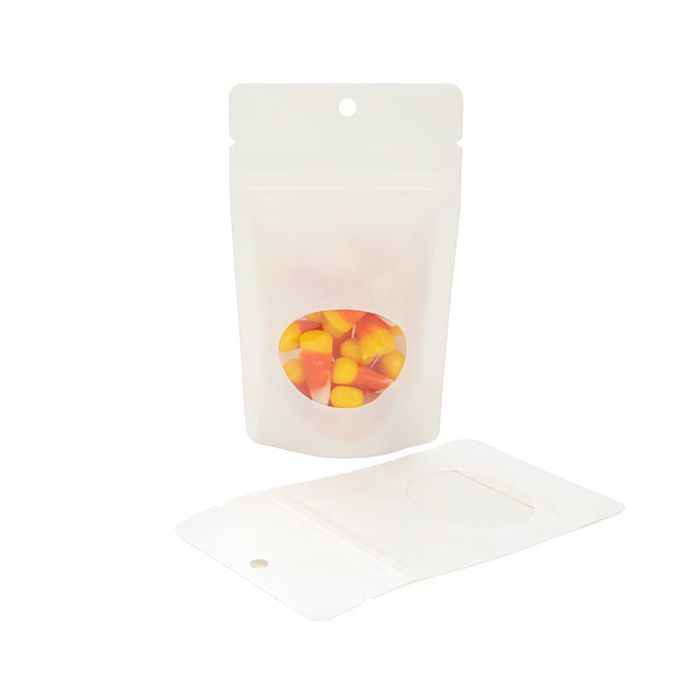 Standbodenbeutel Kraftpapier Weiß 80x50x130mm | 28 Gramm mit Fenster & Aufhängeloch - 100 Stk