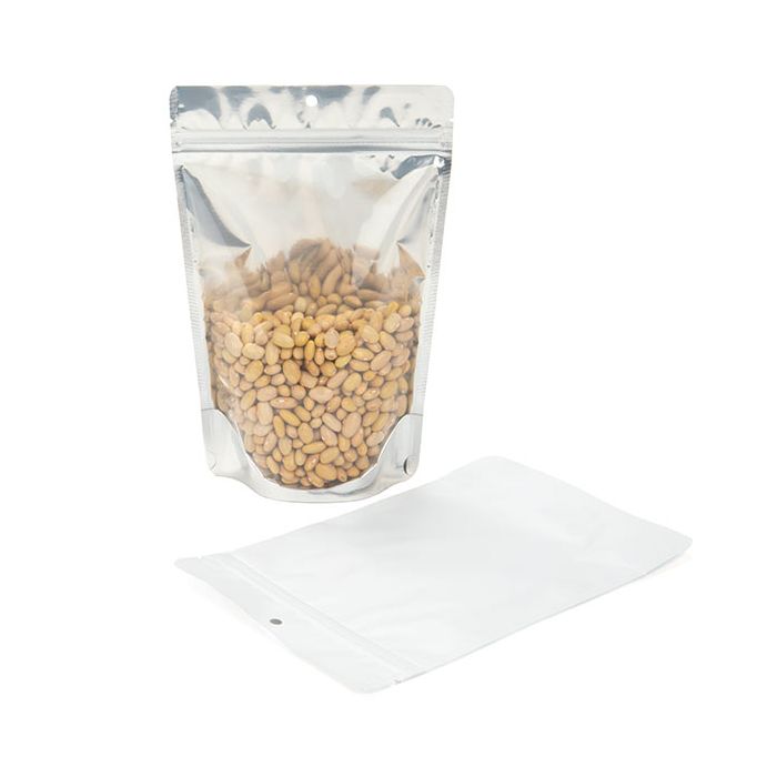 Standbodenbeutel Transparent/Weiß 149x89x232mm mit Aufhängeloch | 310 Gramm - 100 Stk