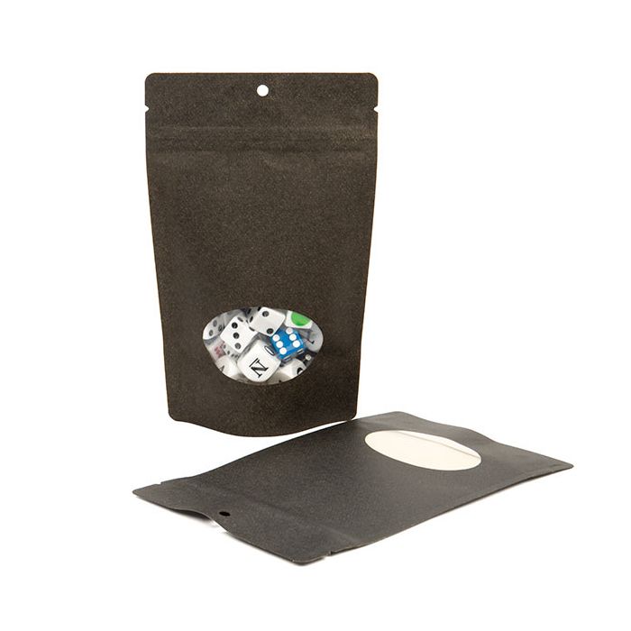 Standbodenbeutel Kraftpapier Schwarz | 130x80x205mm | 110 Gramm mit rundem Fenster & Aufhängeloch - 100 Stk