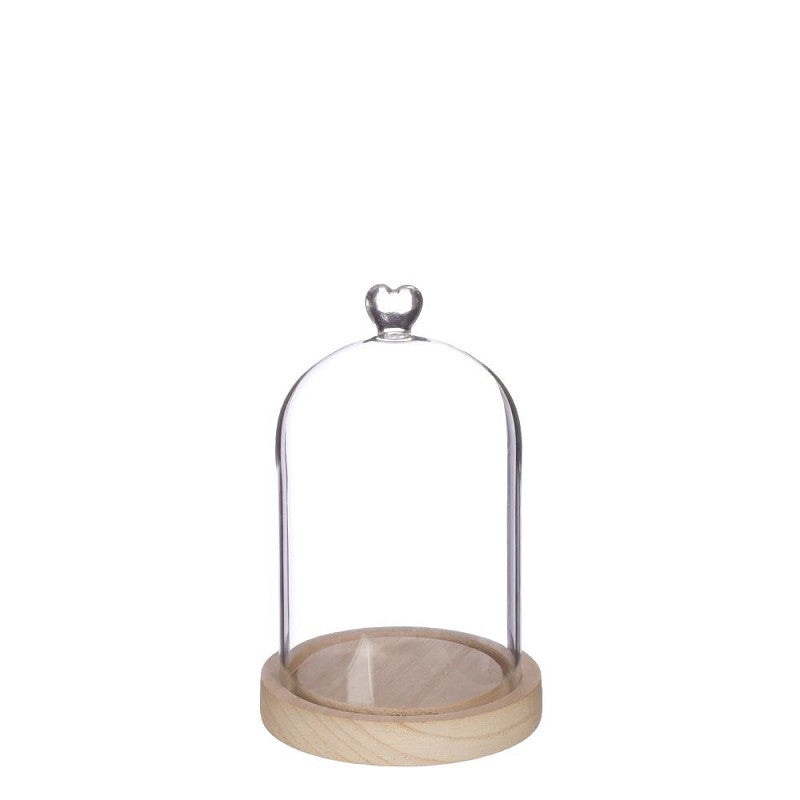 Glasglocke mit herzförmigem Holzsockel, Ø 12 cm, H. 18,5 cm - 1 Stück