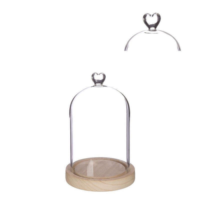 Glasglocke mit herzförmigem Holzsockel, Ø 12 cm, H. 18,5 cm - 1 Stück