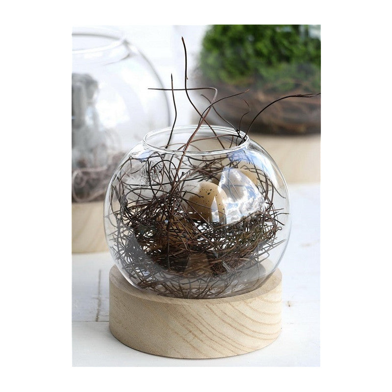 Glaskugelvase mit Holzsockel, Ø 10 cm, H. 11 cm - 1 Stück
