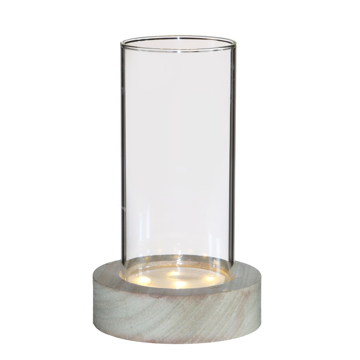 Glass cylinder with LED in wooden base 17cm high 