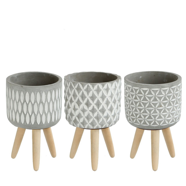 Plant pot Cement with wooden legs 18cm high 