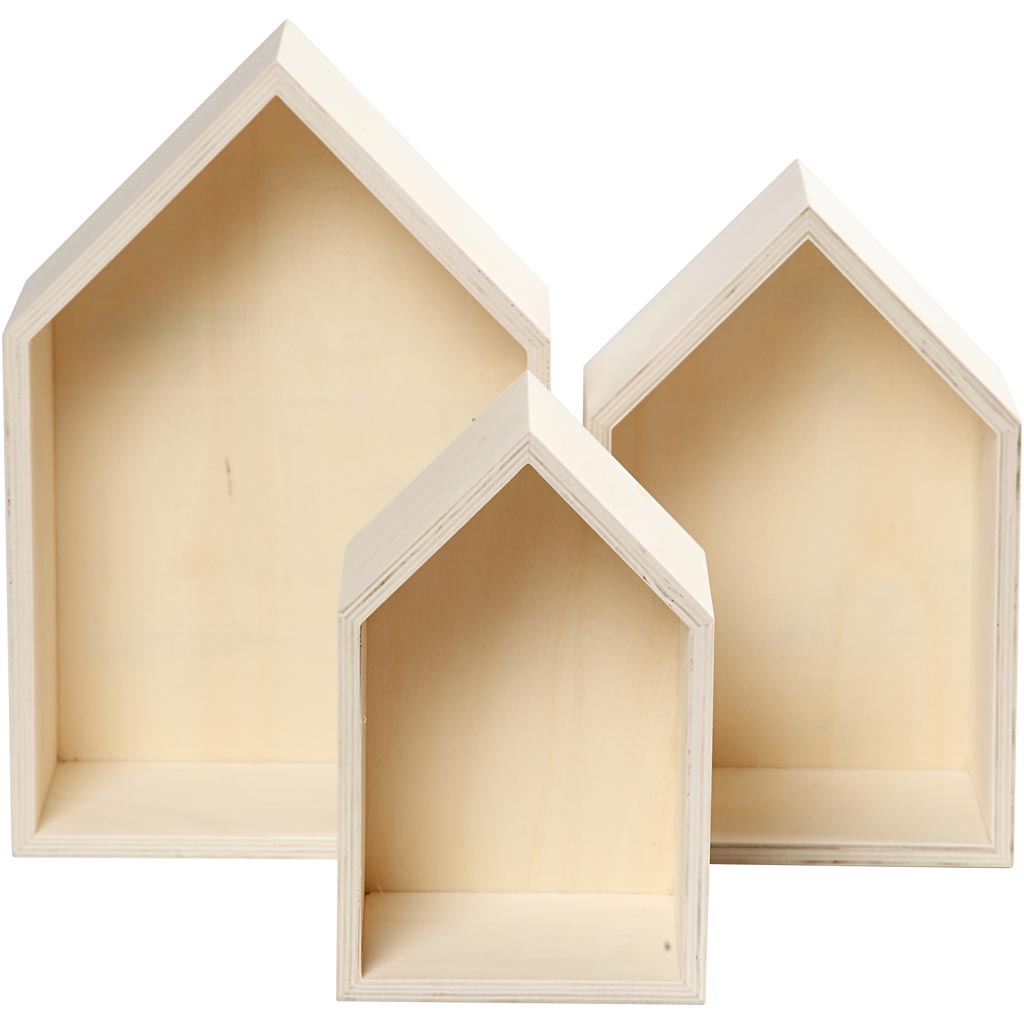 Storage Boxes, houses, H: 20.3+25.3+31 cm, W: 13+16.2+20 cm, plywood, depth 10 cm 