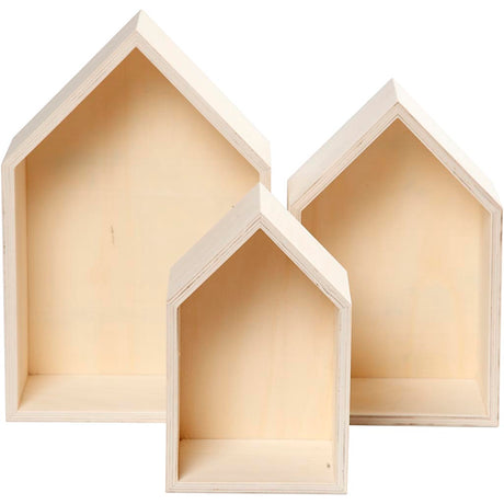 Storage Boxes, houses, H: 20.3+25.3+31 cm, W: 13+16.2+20 cm, plywood, depth 10 cm 