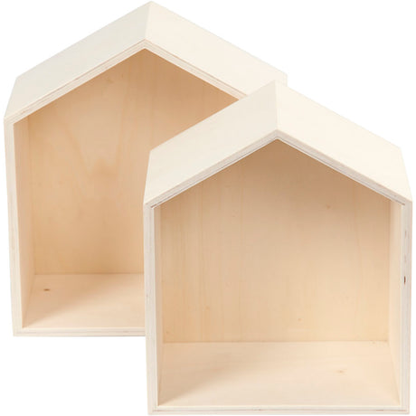 Storage Boxes, houses, H: 22.5+25 cm, W: 19.5+22.5 cm, plywood, depth 12.5 cm 