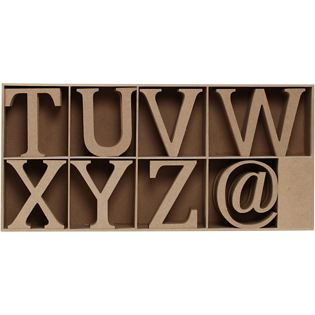 Holzbuchstaben, -zahlen und -symbole, einschließlich kostenloser Holzschaukasten, 130x20mm MDF - 160 Stk