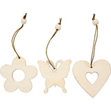 Wooden Ornament, flower, butterfly, heart, size 6 cm, thickness 3 mm, 9pcs 