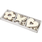 Holz-Ornamente: Blume, Schmetterling & Herz 6x0.3cm - 9 Stk