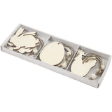 Holz-Ornamente Ostern: Kaninchen, Ei & Huhn 6x0.3cm - 9 Stk