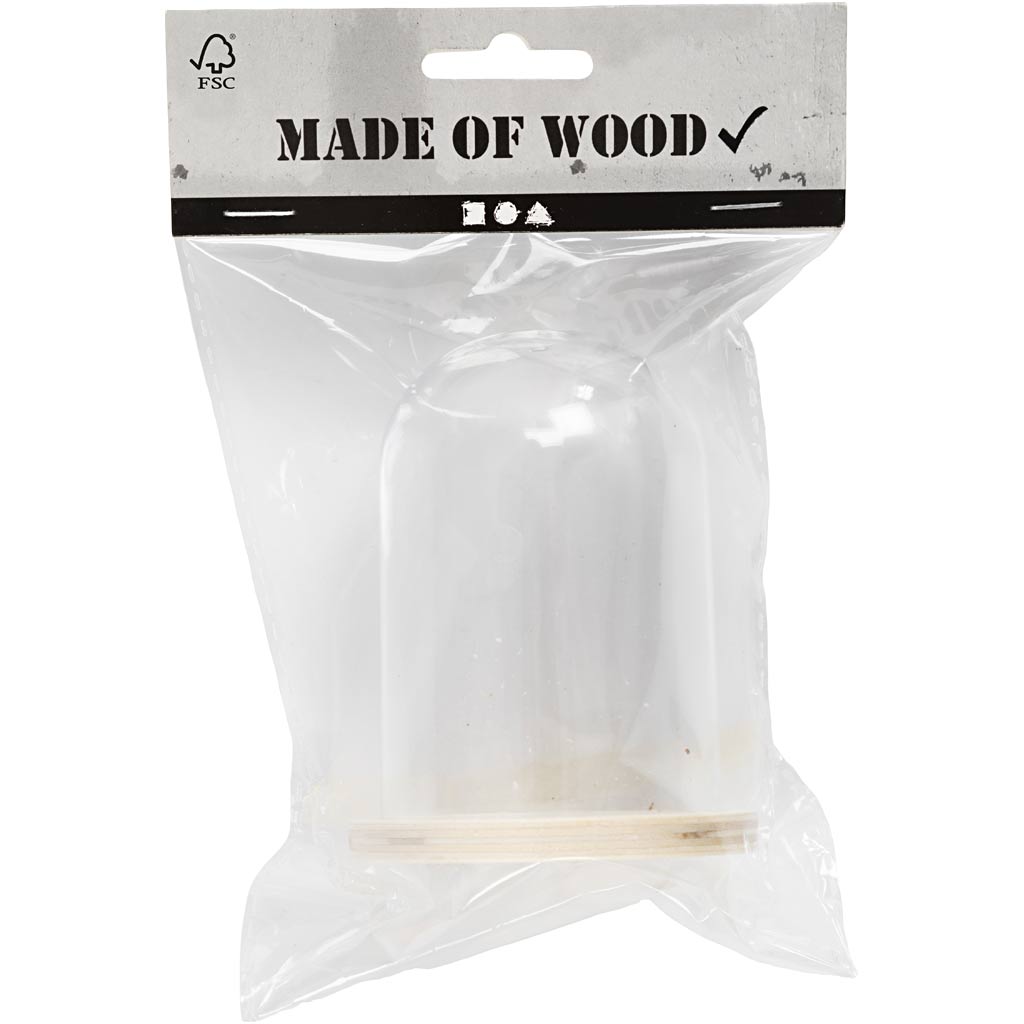 Plastikglas Glocke auf Holzfuß, H 9,5 cm, D 6 cm, Lochgröße 3 mm - 1 Stk