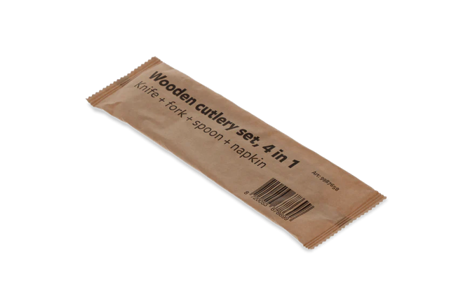 Besteckset aus Holz 4/1 Messer + Gabel + spoon + Serviette FSC - 250 Stück