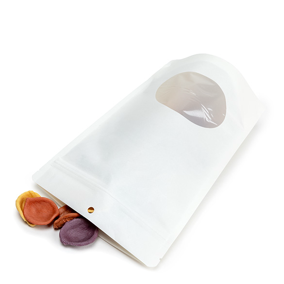 Weißer heimkompostierbarer Standbodenbeutel mit ovalem Sichtfenster 15x9x23cm - 100 Stück