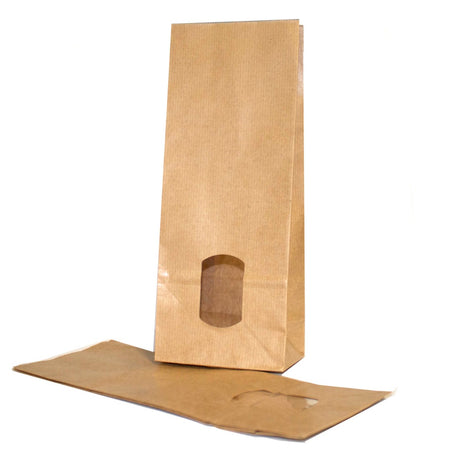Block Bottom Bags Kraft Brown 105x65x275mm 70 g/m2 lined with 30my OPP Foil and clear Window | 500 grams 