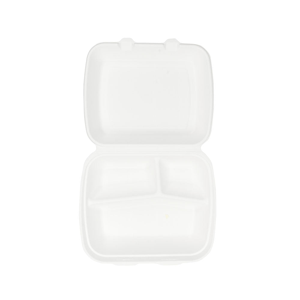 Menüschale mit Deckel Zuckerrohr 3-Fächer 25x20x7,5 cm - 200 Stk