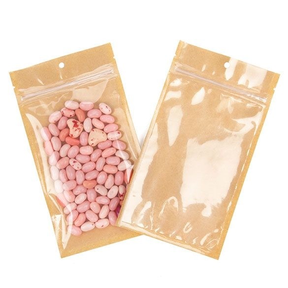 Druckverschlussbeutel Kraft/Transparent 102x165mm mit Einreißkerben - 100 Stk