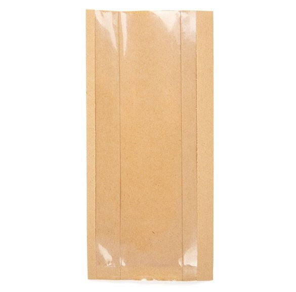 Kraftbeutel Braun mit Fenster 102x54x203mm mit Seitenfalten - 100 Stk