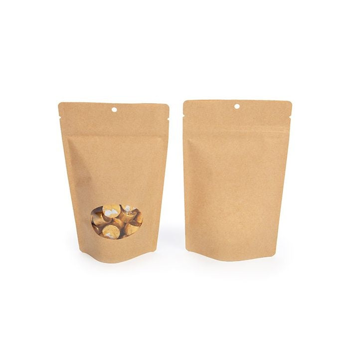 Standbodenbeutel Kraftpapier | 130x80x205mm | 110 Gramm mit rundem Fenster & Aufhängeloch - 100 Stk