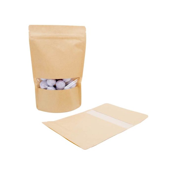 Standbodenbeutel Kraftpapier 149x89x232mm mit Fenster - 100 Stk