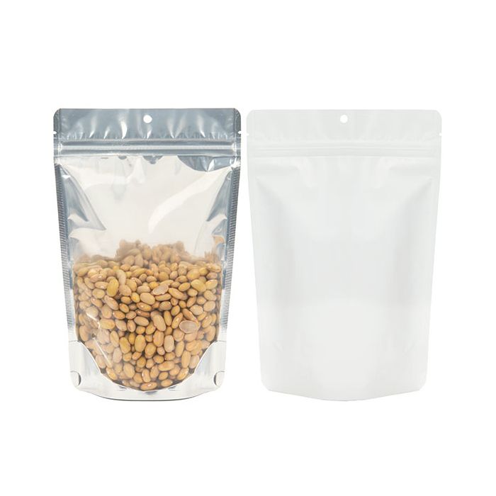 Standbodenbeutel Transparent/Weiß 149x89x232mm mit Aufhängeloch | 310 Gramm - 100 Stk