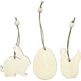 Holz-Ornamente Ostern: Kaninchen, Ei & Huhn 6x0.3cm - 9 Stk