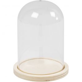 Plastikglas Glocke auf Holzfuß, H 9,5 cm, D 6 cm, Lochgröße 3 mm - 1 Stk