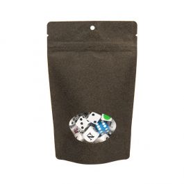 Standbodenbeutel Kraftpapier Schwarz | 130x80x205mm | 110 Gramm mit rundem Fenster & Aufhängeloch - 100 Stk